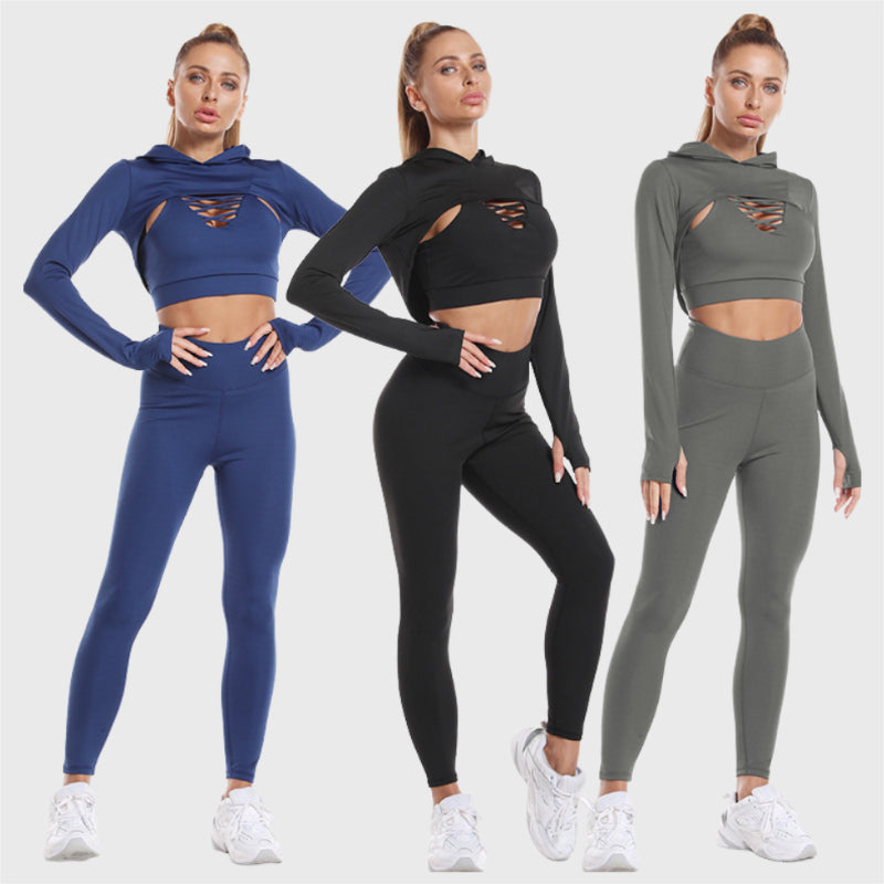 3-teiliges Activewear-Set mit Kapuzenoberteil, hohlem Design, Camisole, nahtlosen Leggings 