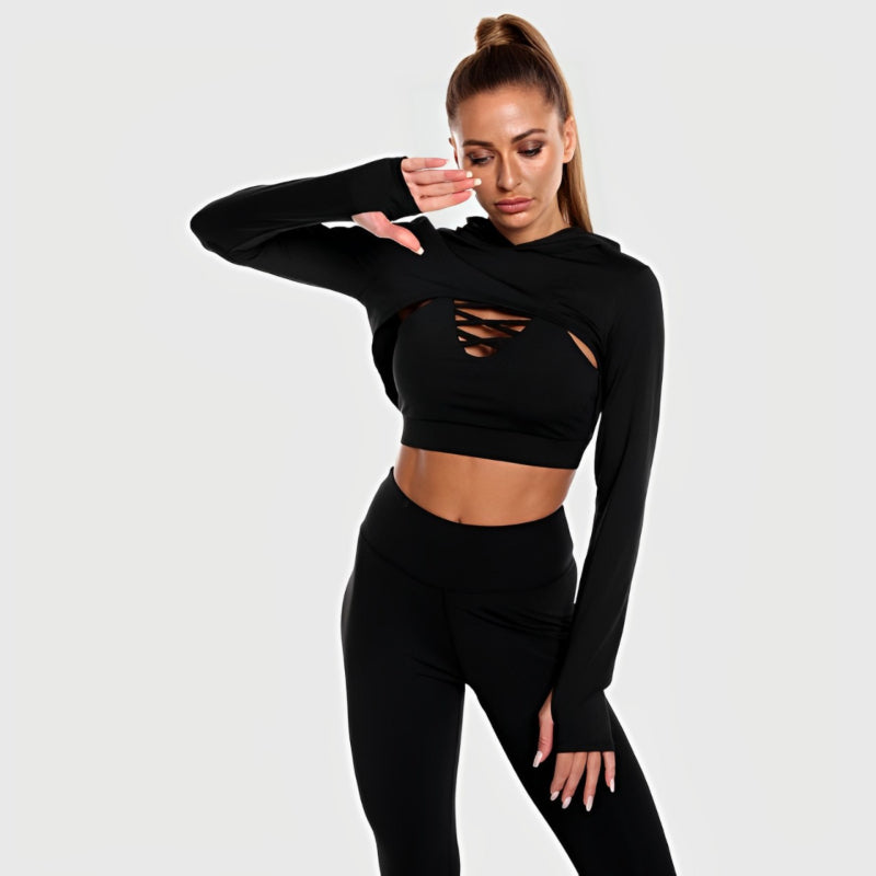 3 Pieces Hooded Top Hollow Design Camisole Seamless Leggings Activewear Set