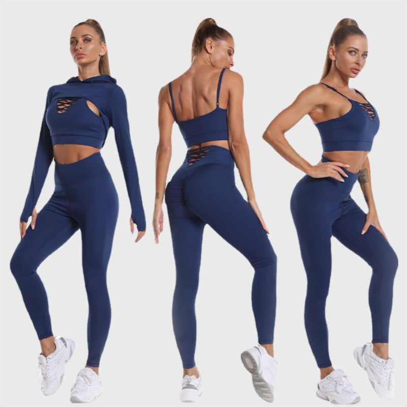 3-teiliges Activewear-Set mit Kapuzenoberteil, hohlem Design, Camisole, nahtlosen Leggings 