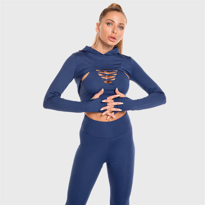 Ensemble de vêtements de sport 3 pièces, haut à capuche, conception creuse, camisole, leggings sans couture 