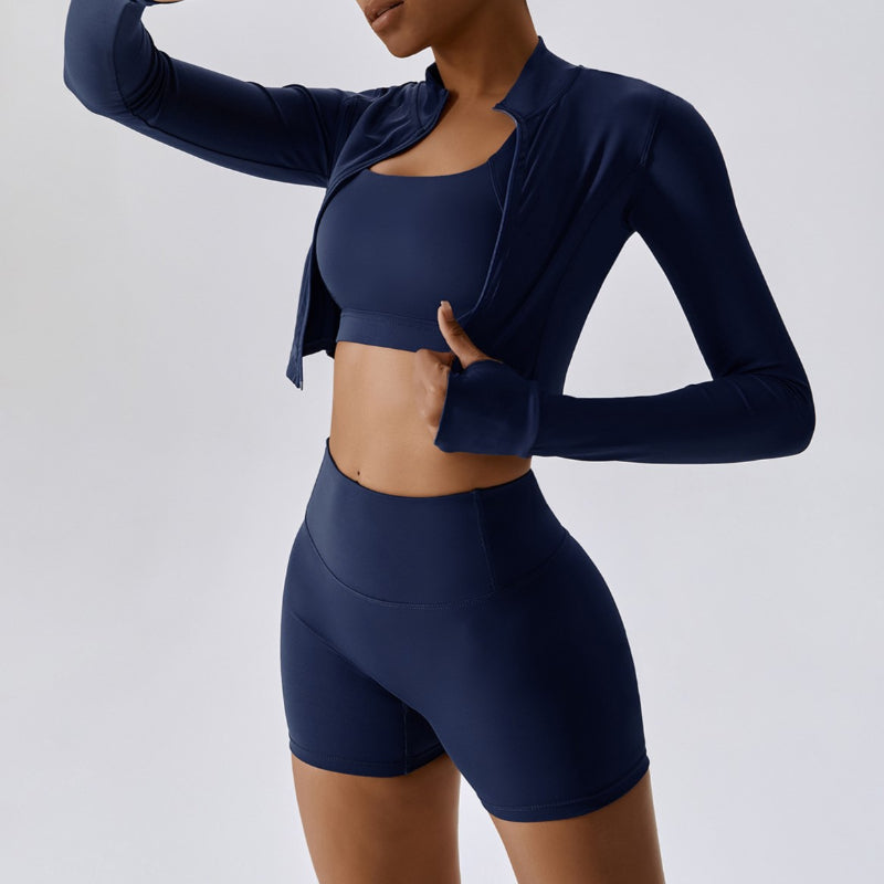 3 Pieces Long Sleeve Coat Sports Bra Shorts Activewear Set