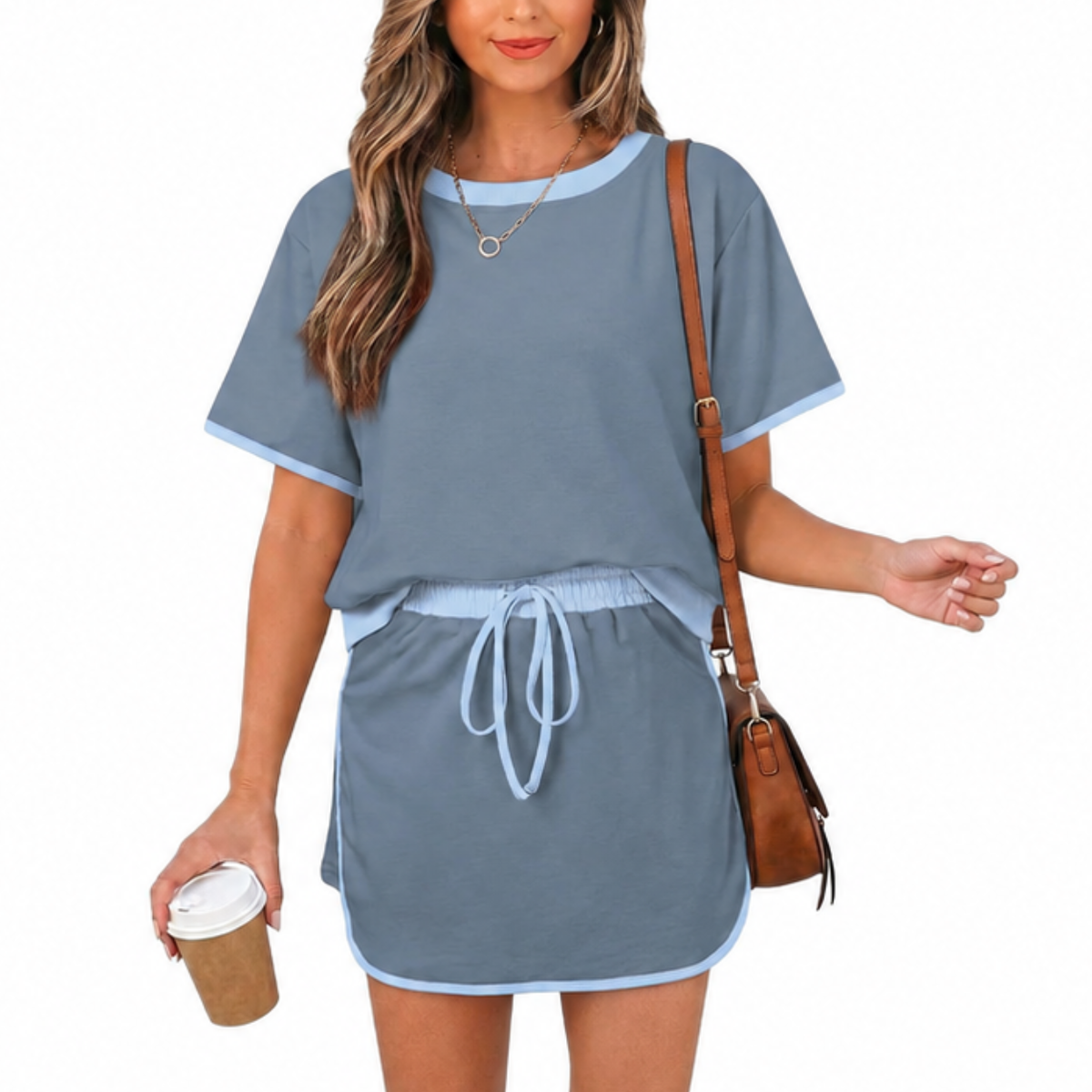 2 Piece Short Sleeve Top And Drawstring Skort Set For Women