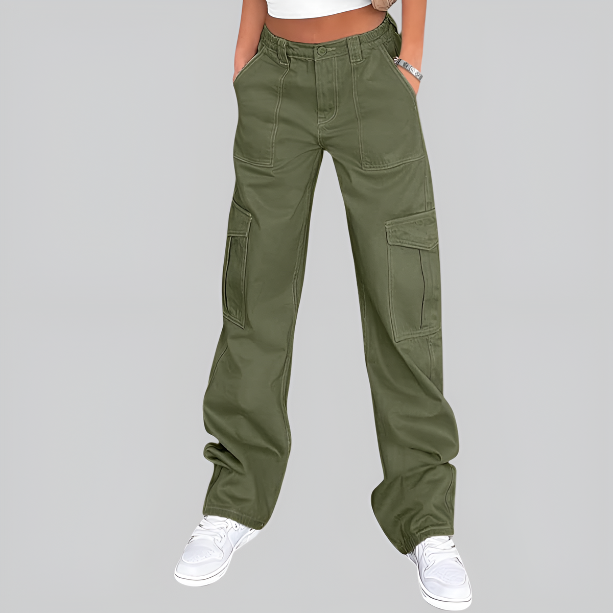 High Rise Casual Baggy And Stretchy Wide Fit Cargo Pants For Women