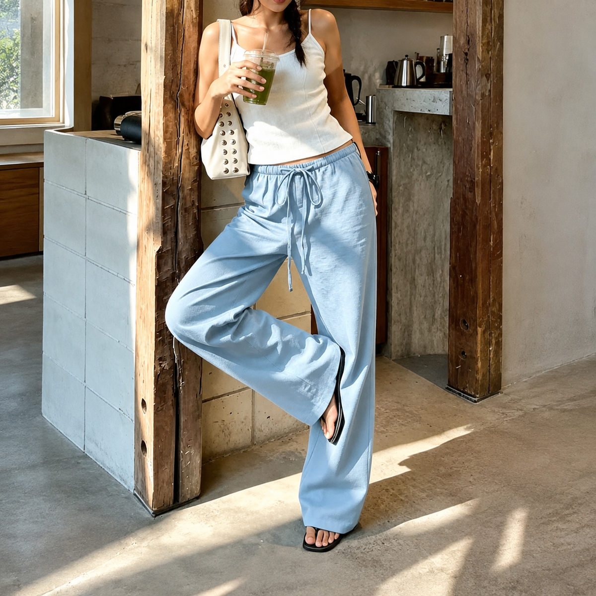 Linen Style High Rise Casual Everyday Vacation Pants For Women