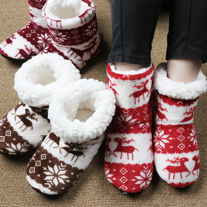 Christmas Elk Printed Plush Slippers