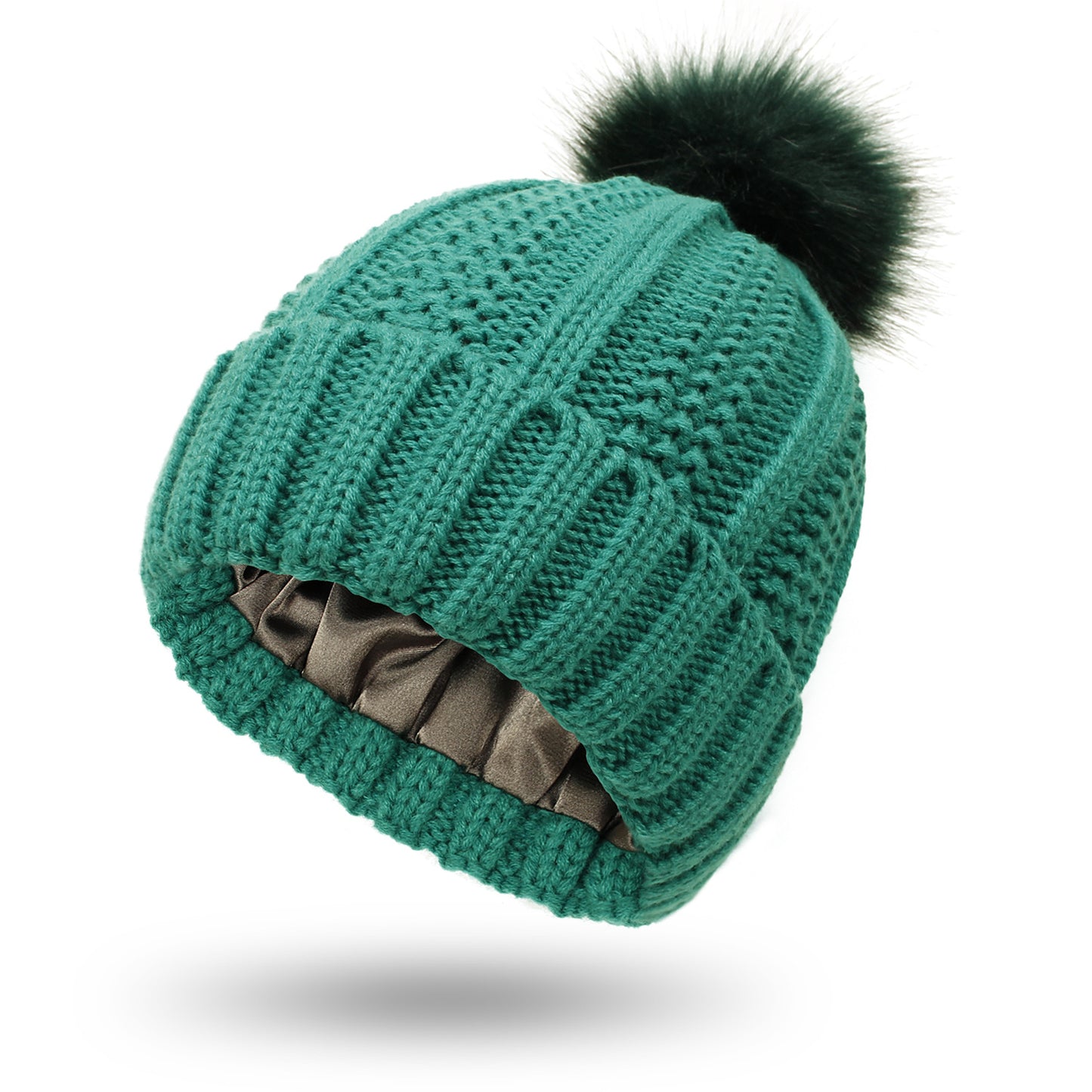 Fashionable Stretchy Lined Fur Pom Beanie Knit Hat