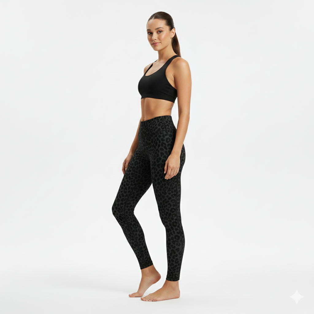 Women's Black Flocked Leopard Print High Rise Leggings