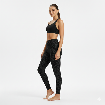 Women's Black Flocked Leopard Print High Rise Leggings