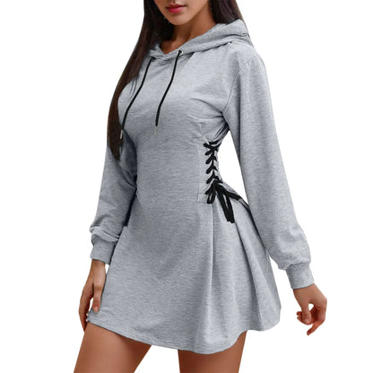 Women Tie Waist Mini Dress Hoodie