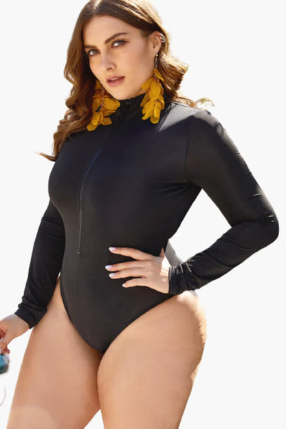 Black Zipped Sport One Piece Plus Size Swimsuit