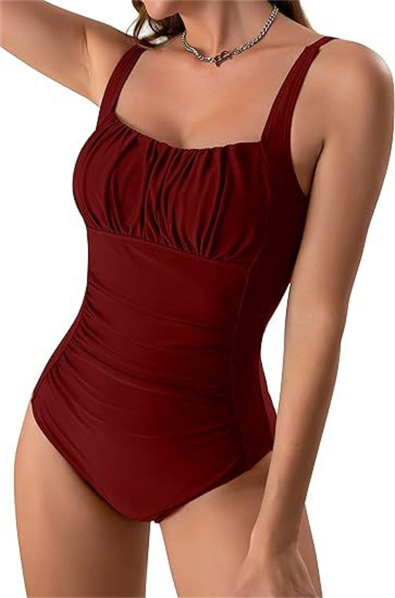 Sexy Square Neck One-piece Bikini Summer New Solid Color Pleated Design Swimsuit Beach Vacation