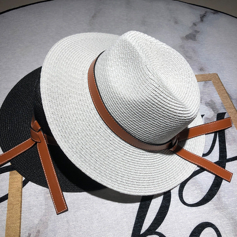 Straw Faux Leather Belt Strap Floppy Hat