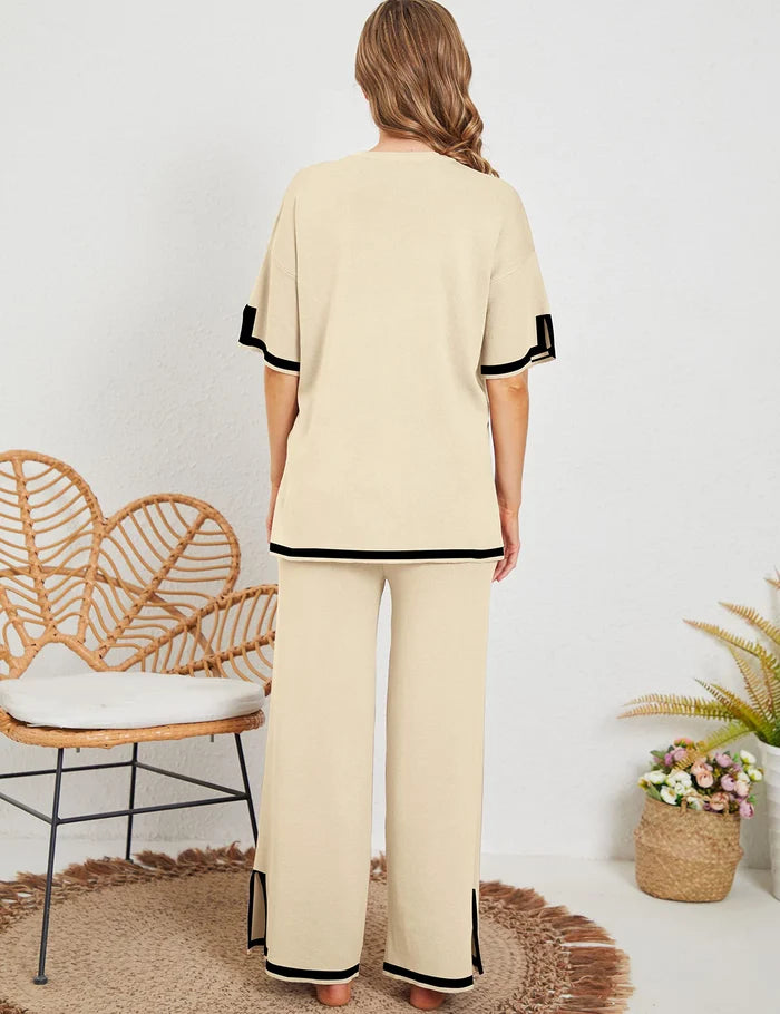 Effortless Wide Bottom Short Sleeve Cozy Knit Lounge Set