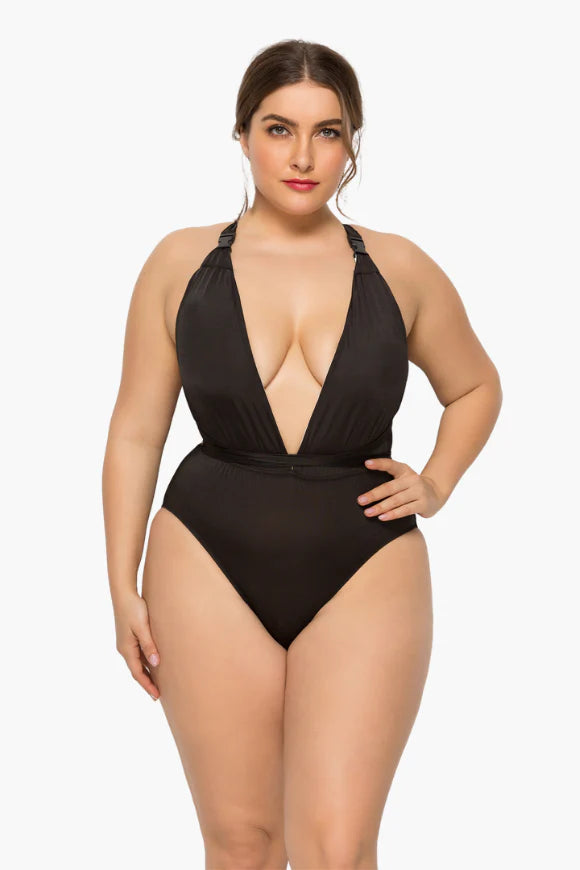 Backless Tie Down One Piece Plus Size Swimsuit