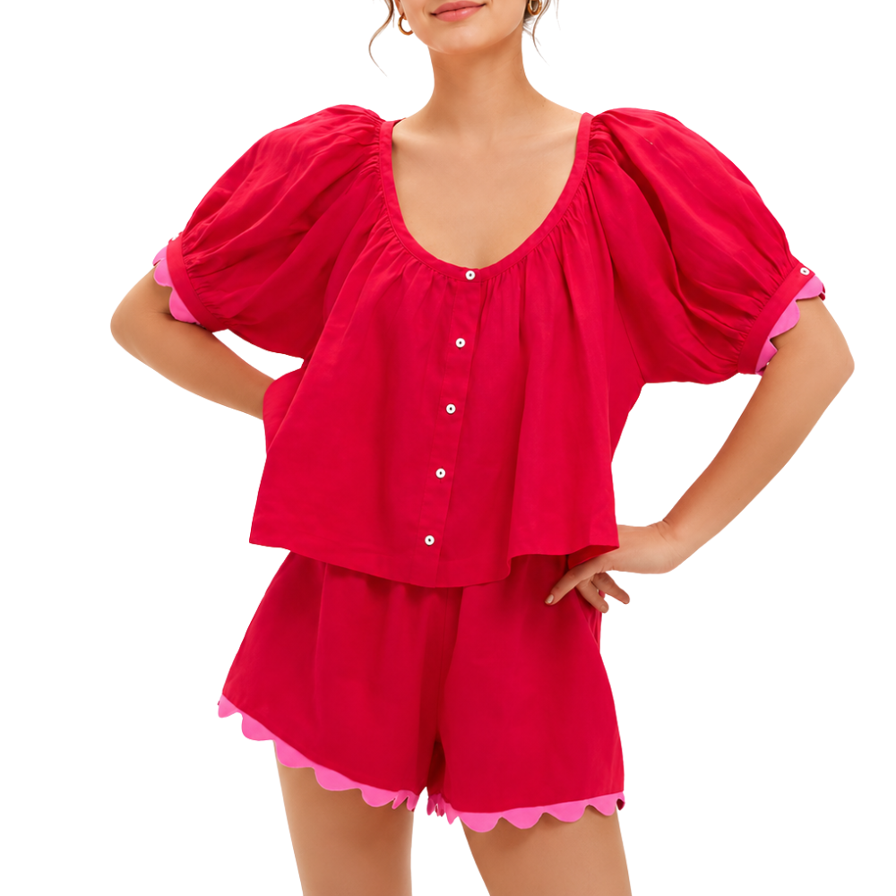 2 Piece Set Gingham Puff Sleeve Top And Shorts For Women