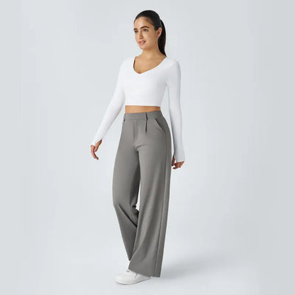 High Waisted Straight Pants With Side Pocket For Women
