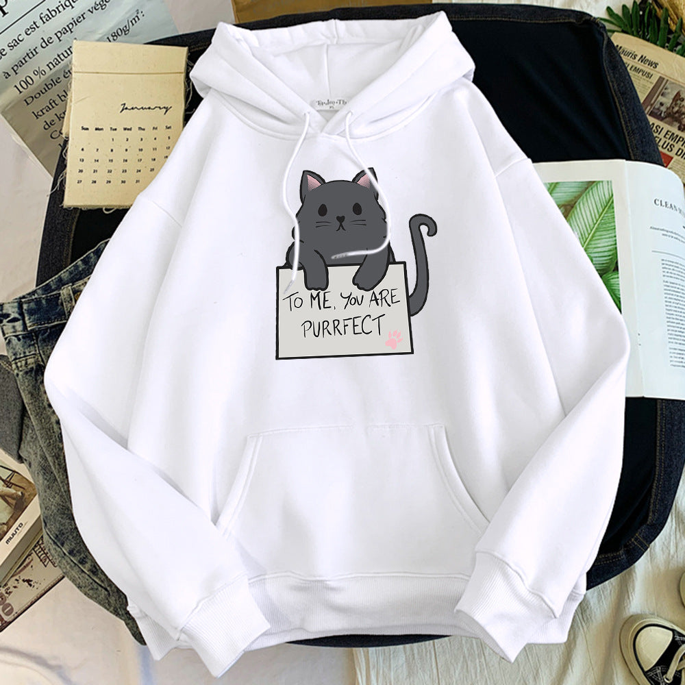 Casual Cat Text Printed Pullover Hoodie