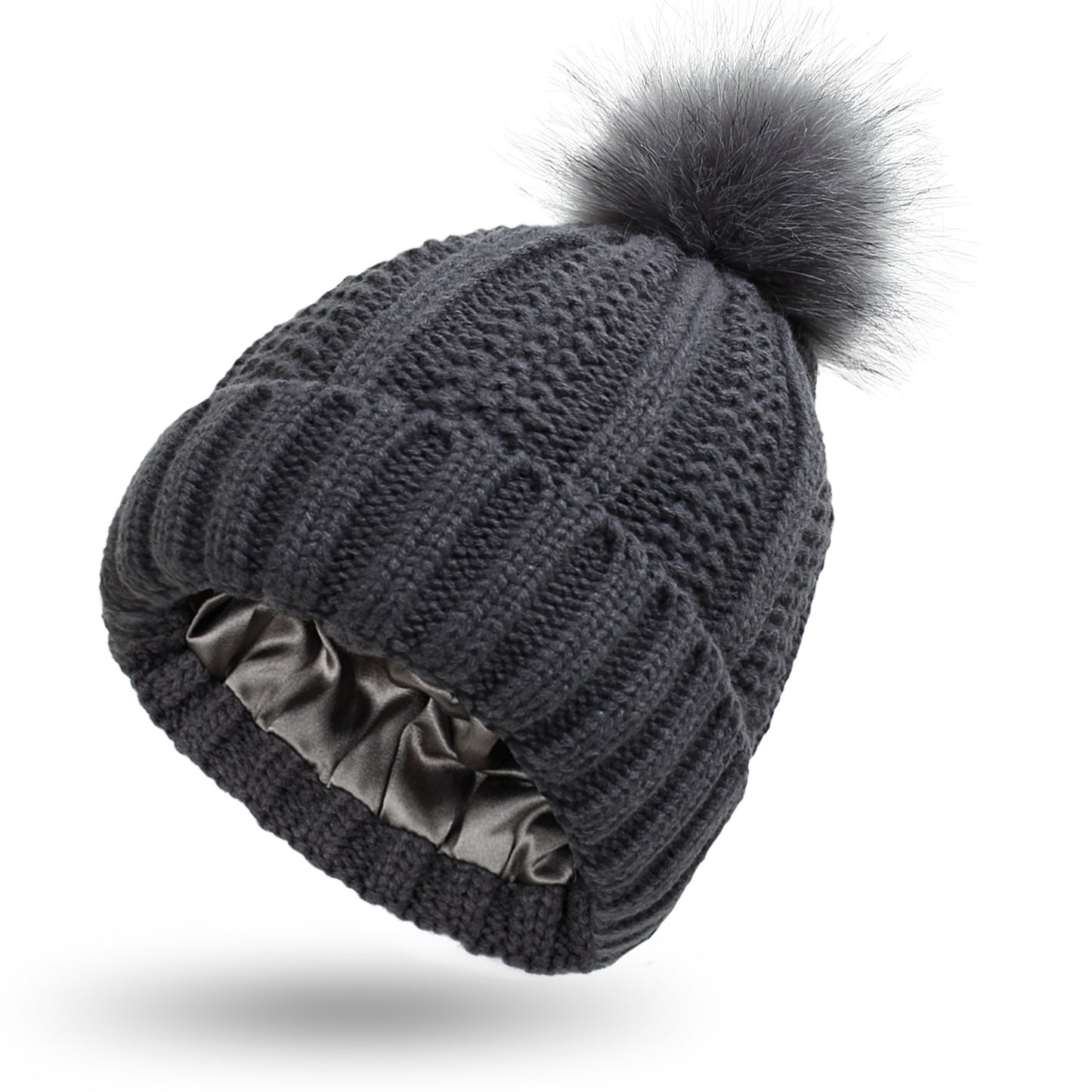 Fashionable Stretchy Lined Fur Pom Beanie Knit Hat