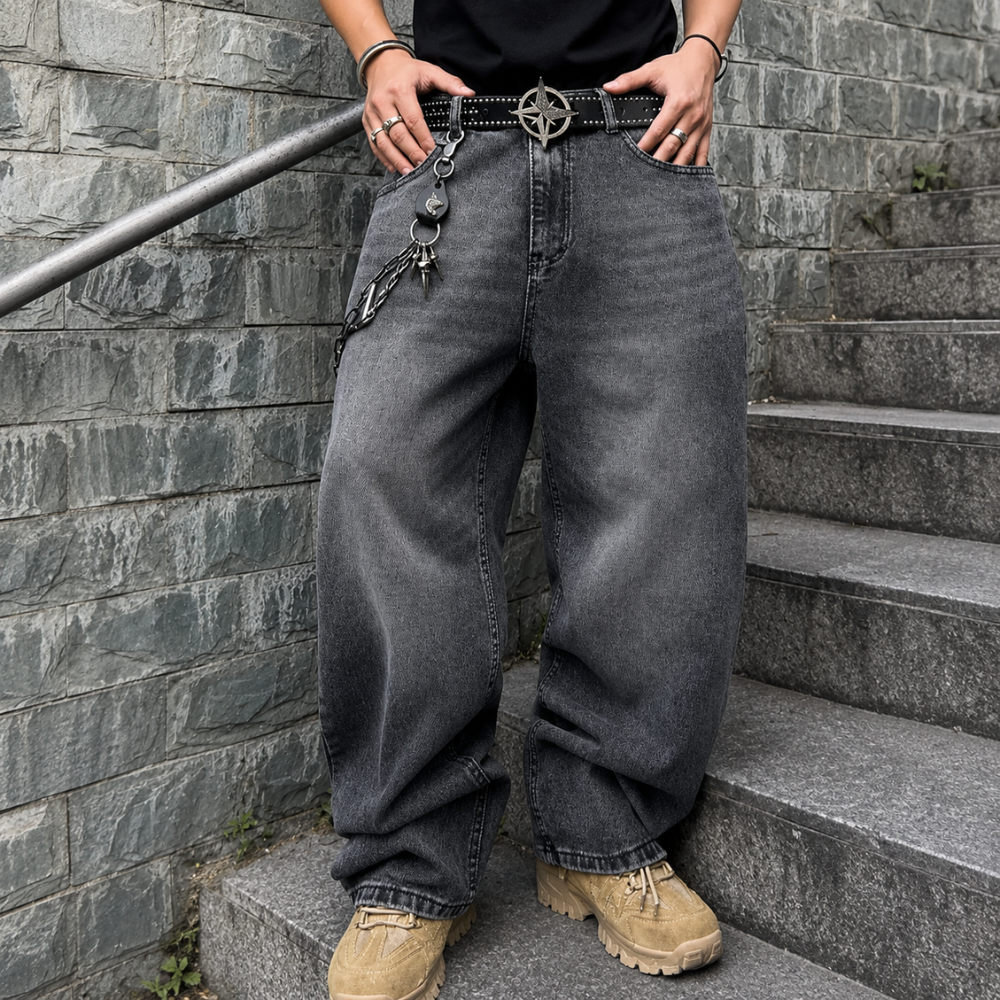 Wide Fit Vintage Design Baggy Pants With Pockets For Men