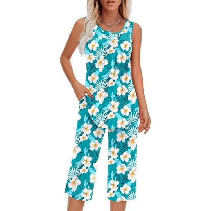 Two Piece Sleeveless Pajama Set With Tank Top And Pants With Pocket For Women
