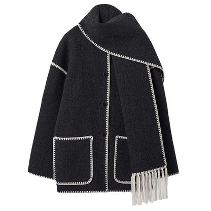 Fashionable Loose Thickened Woolen Jacket Coat With Scarf