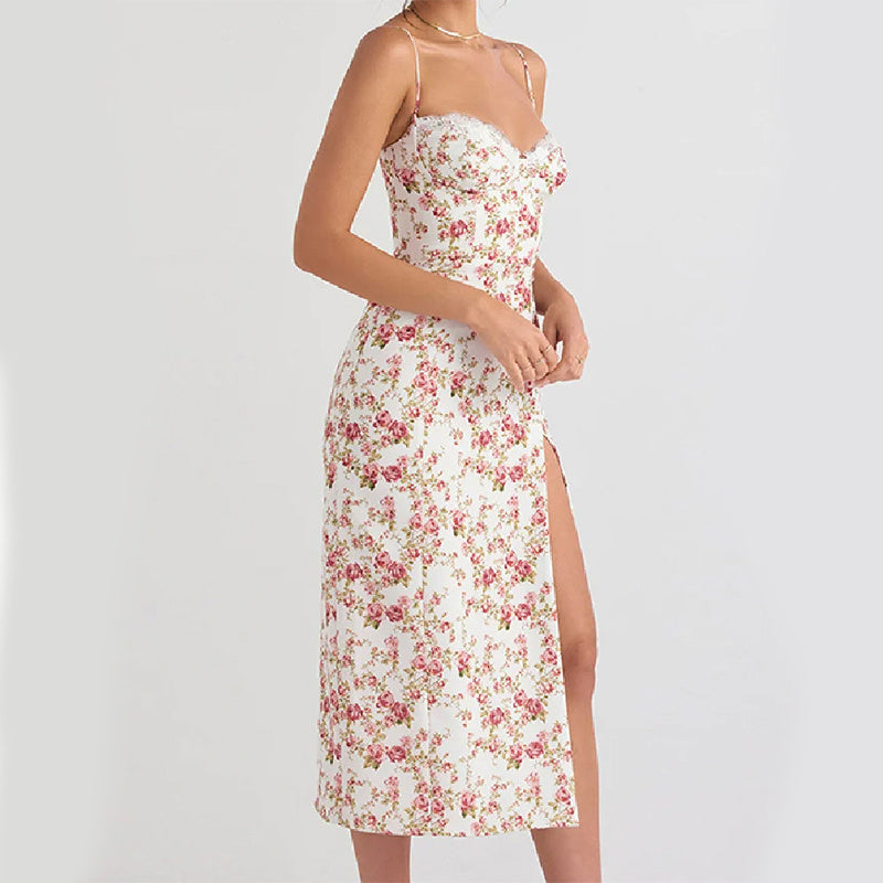 Slit Suspender Flowers Print Long Dress