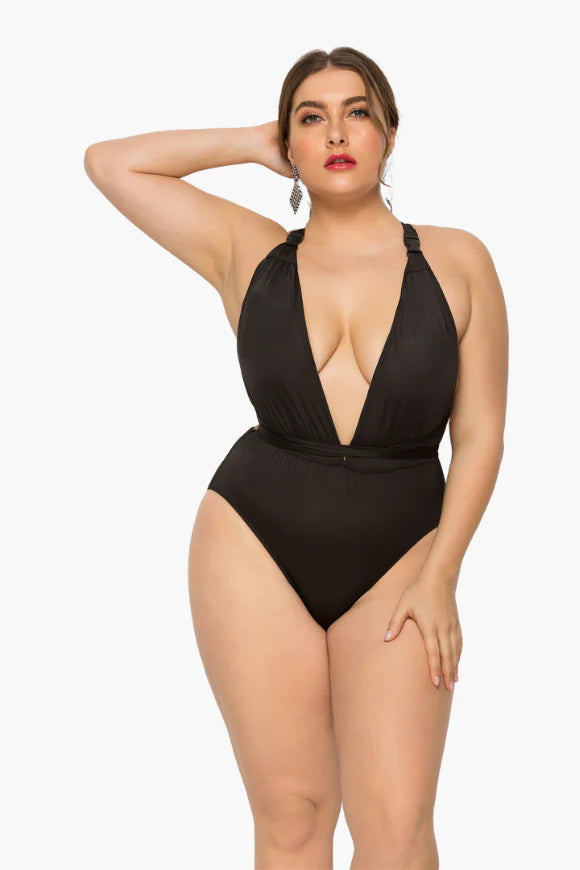 Backless Tie Down One Piece Plus Size Swimsuit