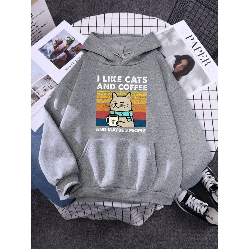 Kapuzenpullover mit Aufdruck „I Like Cats And Coffee“.