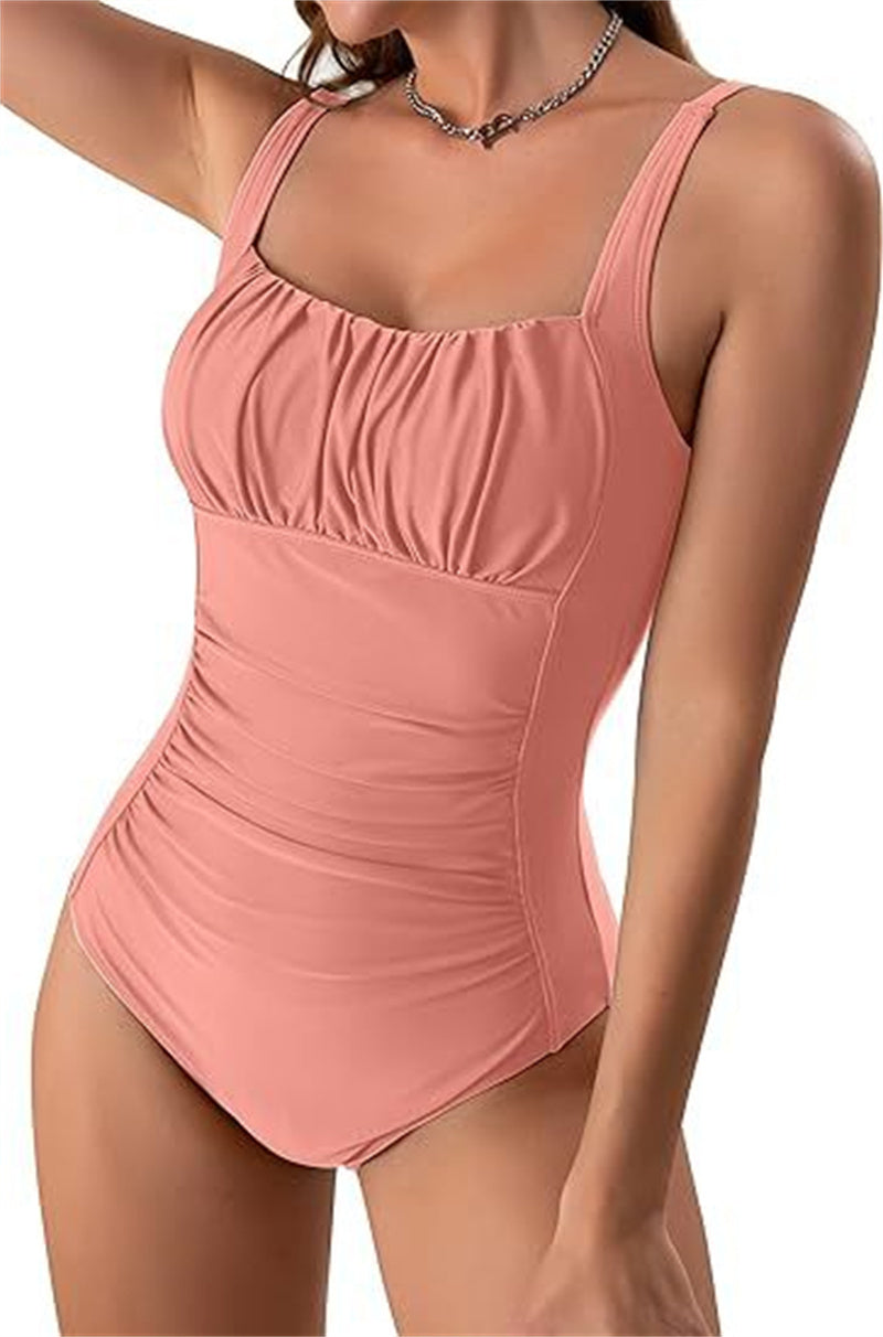 Sexy Square Neck One-piece Bikini Summer New Solid Color Pleated Design Swimsuit Beach Vacation