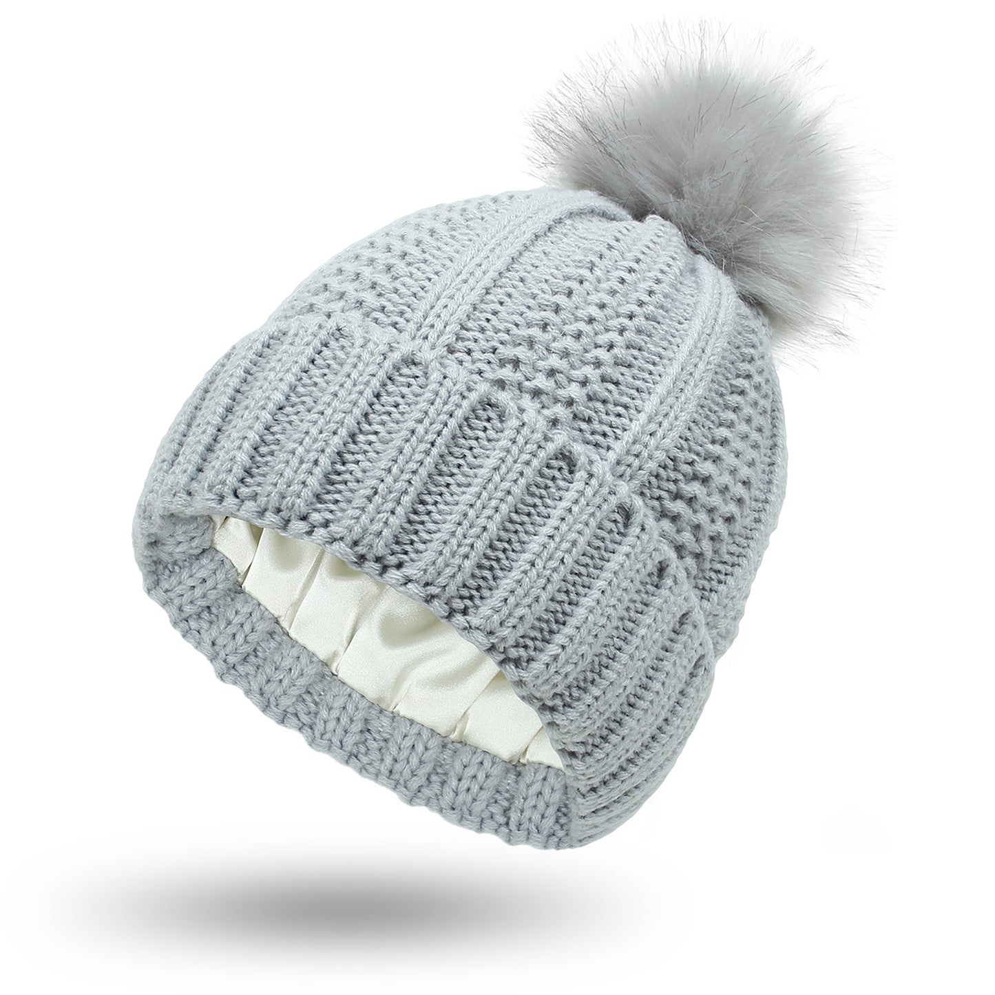 Fashionable Stretchy Lined Fur Pom Beanie Knit Hat