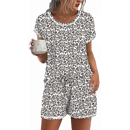2 Piece Comfortable Pajama Set With Short Sleeve Top And Pocket Shorts For Women