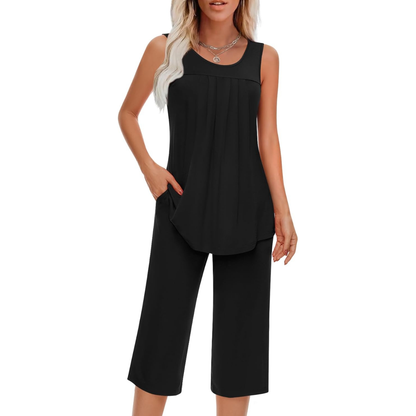 Two Piece Sleeveless Pajama Set With Tank Top And Pants With Pocket For Women