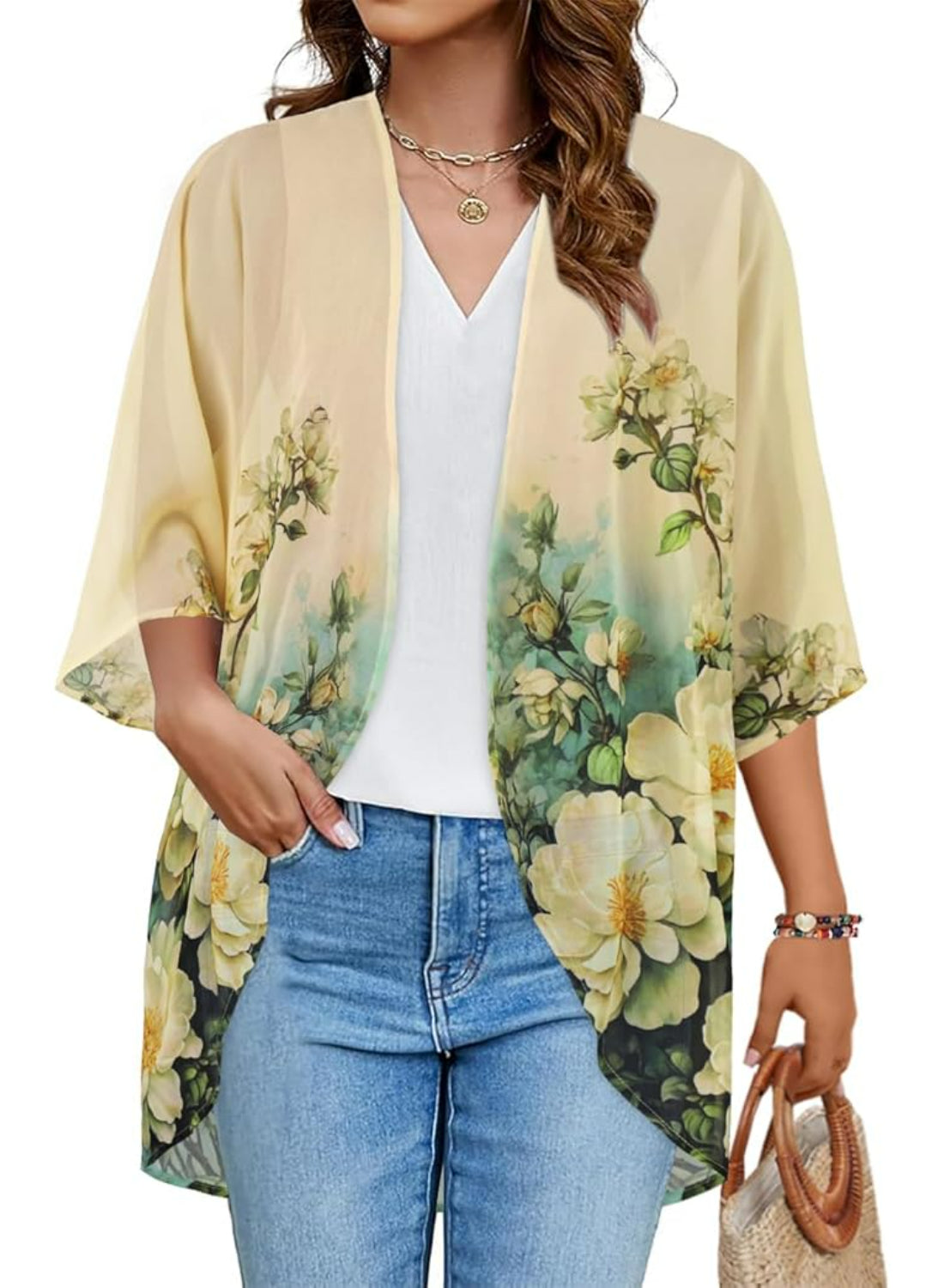 Floral Sheer Kimono Cardigan With Sheer Lightweight Fabric
