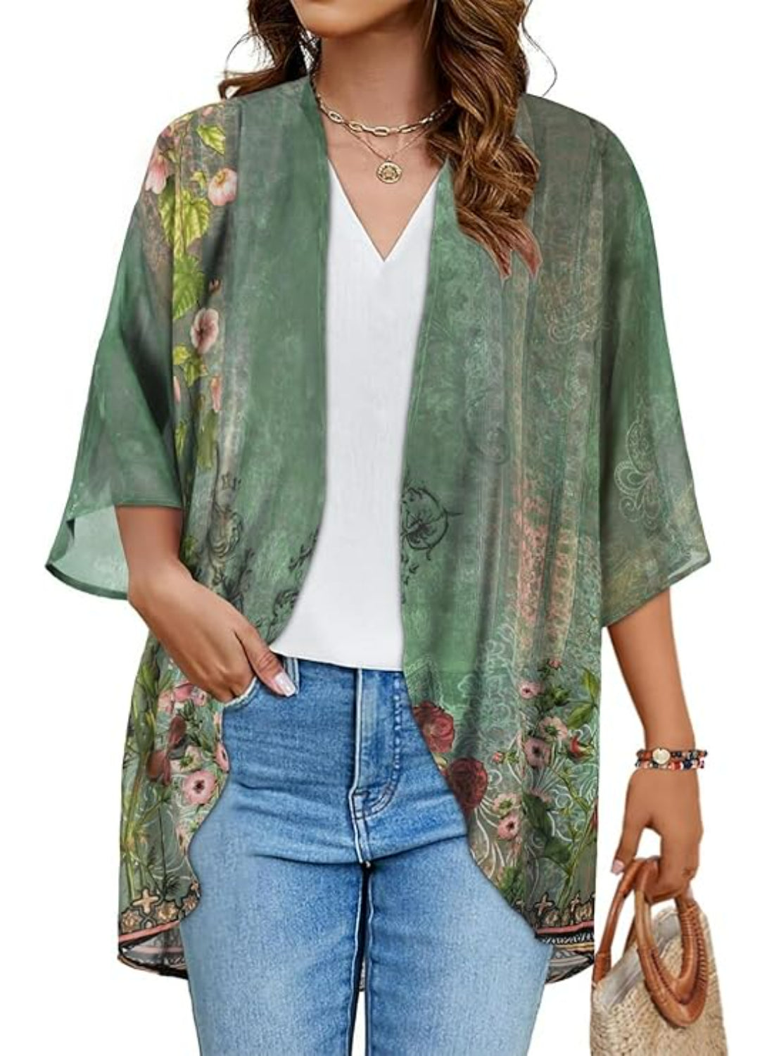 Floral Sheer Kimono Cardigan With Sheer Lightweight Fabric