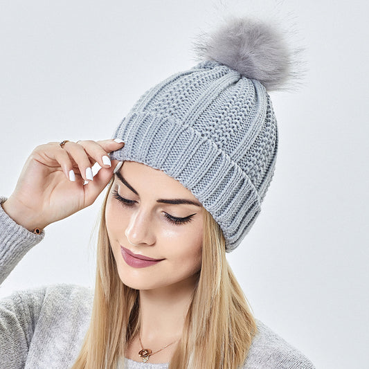 Fashionable Stretchy Lined Fur Pom Beanie Knit Hat