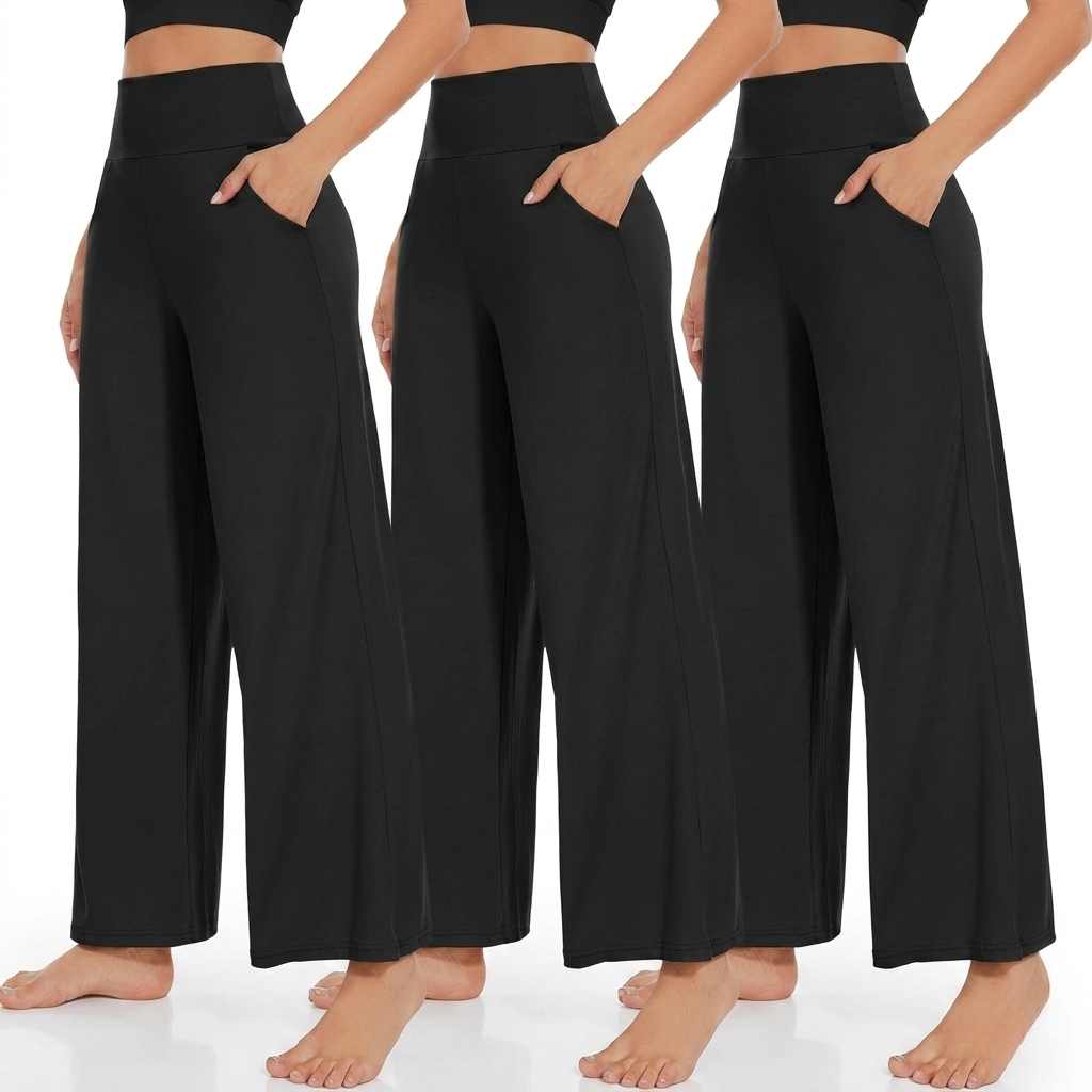 Pack Of 3 Wide Fit High Rise Pants With Pockets For Women