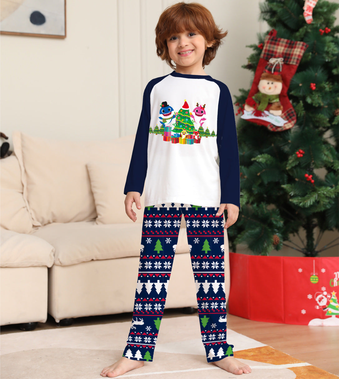 Cartoon Christmas Tree Printed Family Matching Pajamas Set