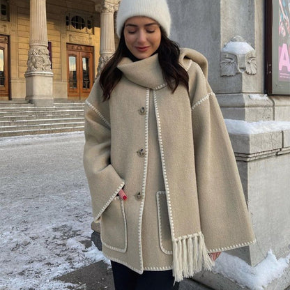 Fashionable Loose Thickened Woolen Jacket Coat With Scarf