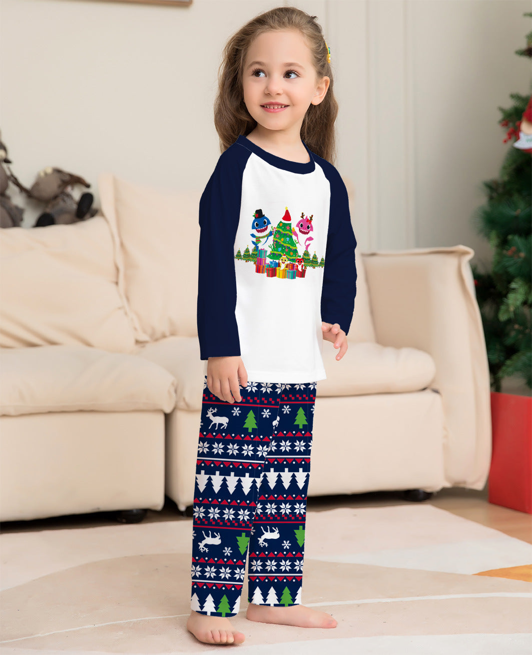 Cartoon Christmas Tree Printed Family Matching Pajamas Set