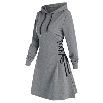 Women Tie Waist Mini Dress Hoodie