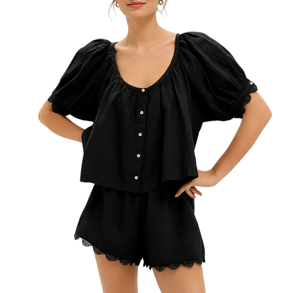 2 Piece Set Gingham Puff Sleeve Top And Shorts For Women