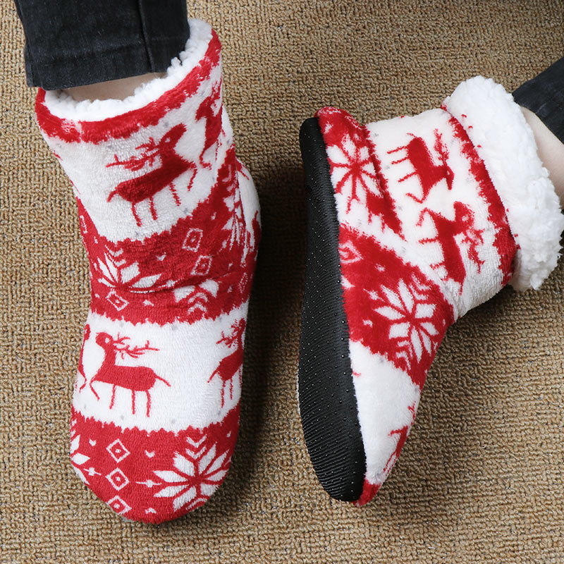 Christmas Elk Printed Plush Slippers