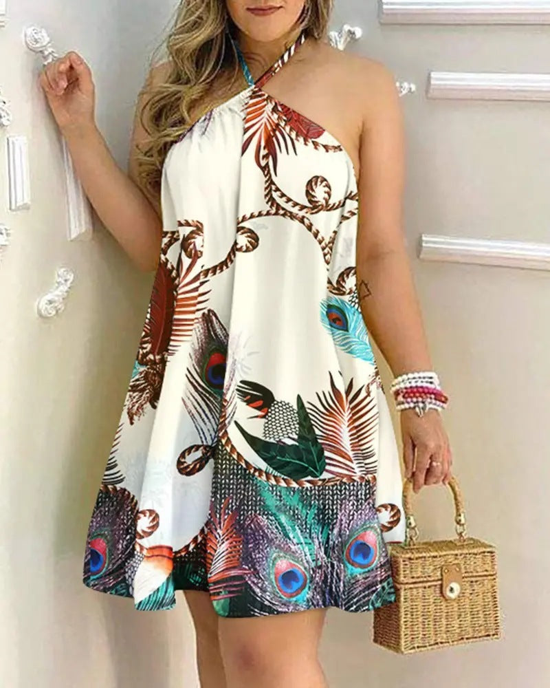 Printed Dress Summer Off-Shoulder Hanging Neck Sleeveless Sexy Dresses