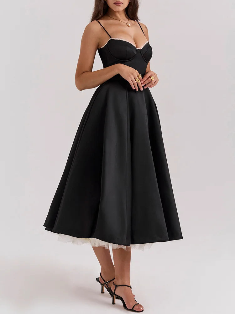 Sweetheart Neckline Cinched Waist A Line Midi Dress