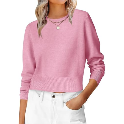 Cropped Long Sleeve Casual Lightweight Knit Sweater