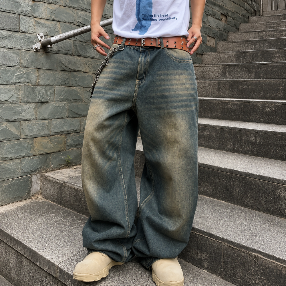 Wide Fit Vintage Design Baggy Pants With Pockets For Men