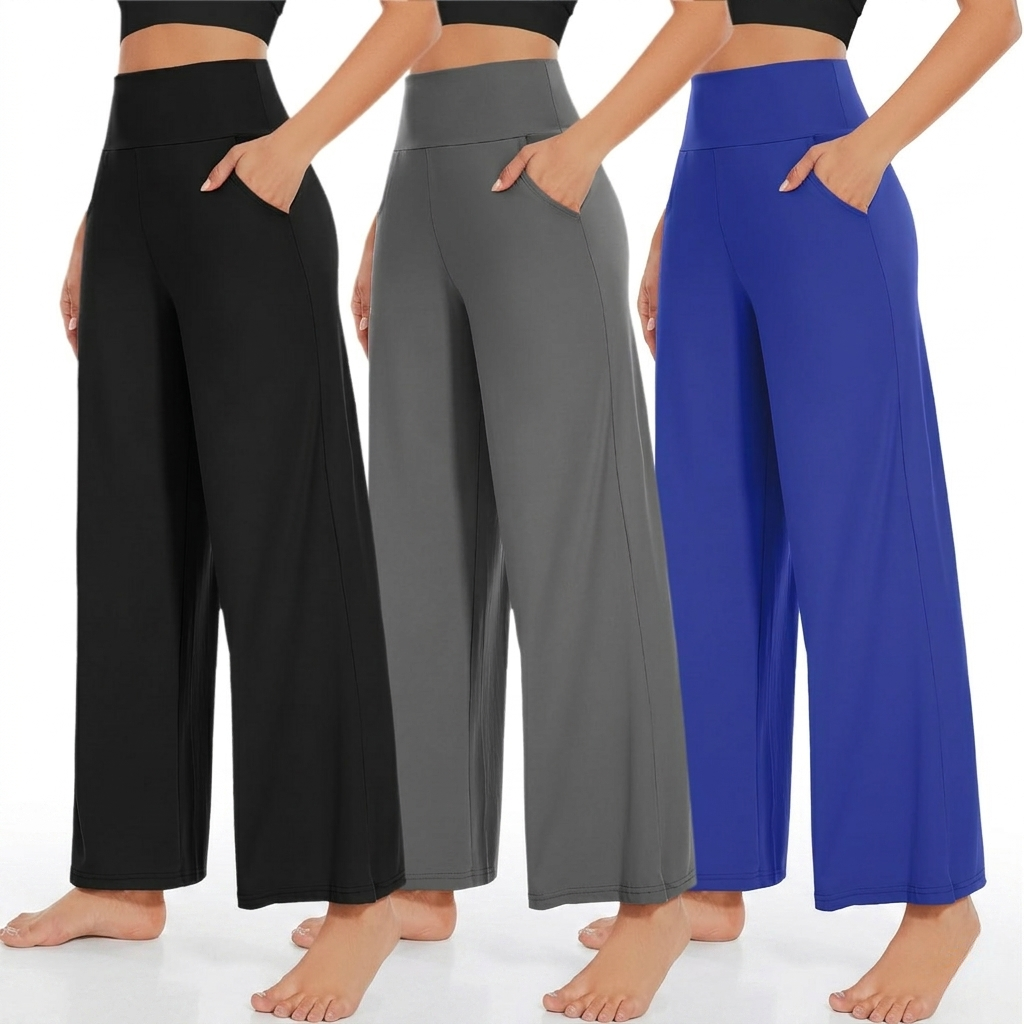 Pack Of 3 Wide Fit High Rise Pants With Pockets For Women