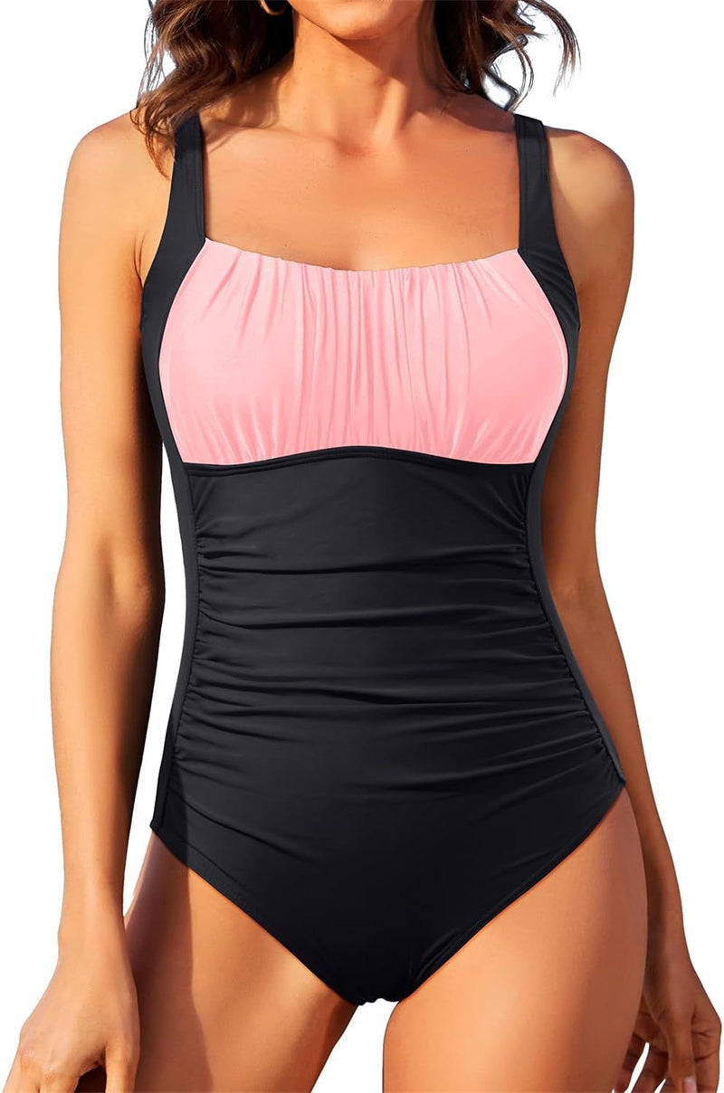 Sexy Square Neck One-piece Bikini Summer New Solid Color Pleated Design Swimsuit Beach Vacation