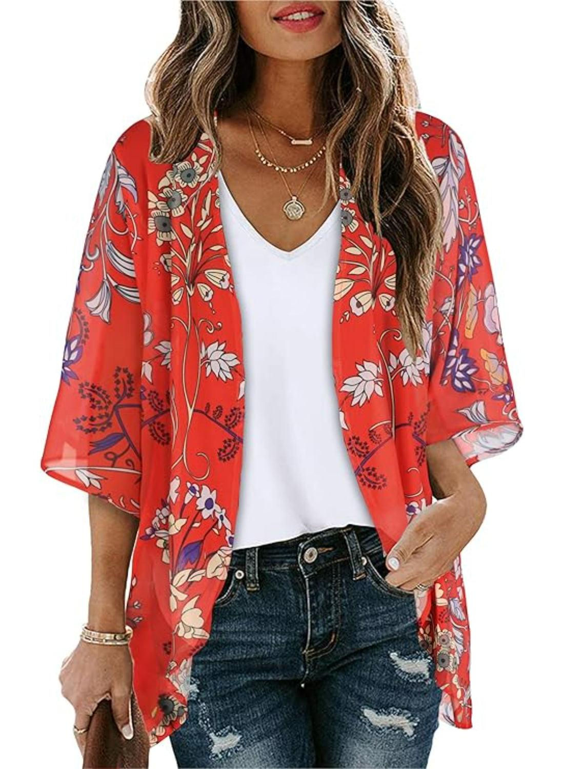 Floral Sheer Kimono Cardigan With Sheer Lightweight Fabric