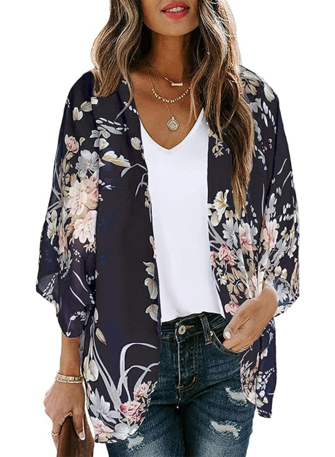 Floral Sheer Kimono Cardigan With Sheer Lightweight Fabric